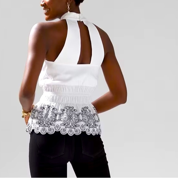 New White House Black Market Embroidered Peplum Blouse Poplin Cut-Out Halter NWT - Picture 2 of 9